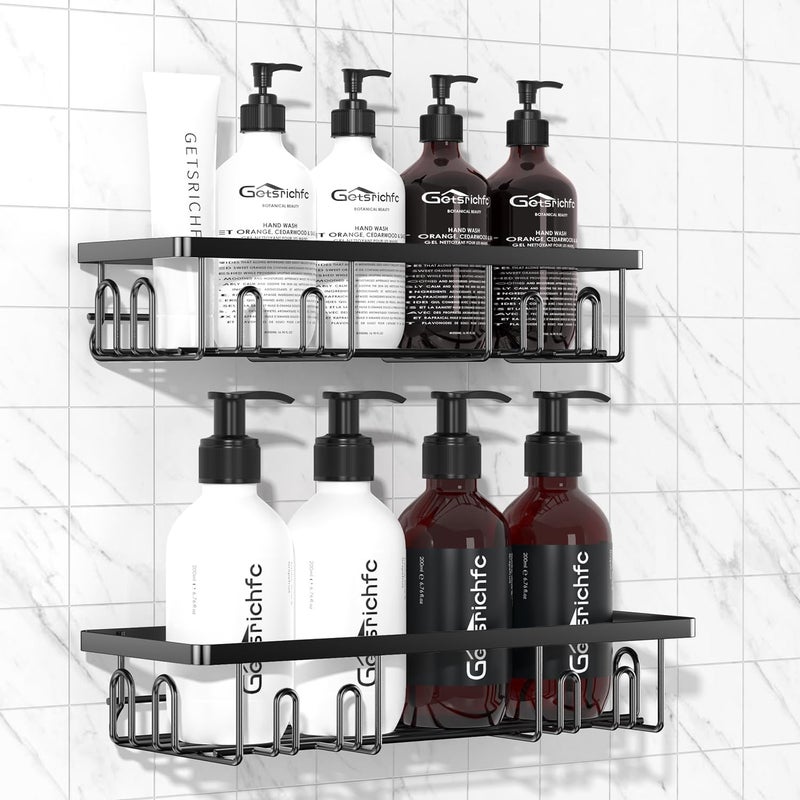 Getsrichfc Adhesive Shower Caddy, Shower Shelves with 16 Hooks, Rustproof Shelf Wall Corner Racks for Inside Bath, No Drilling & Sleek Bathroom Organizers and Storage Caddies Soap Holder, 2 Pack - Image 1